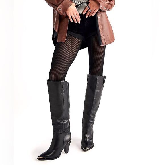Free People Black Leather Knee High Stevie Boots Heeled Pointed‎ Toe Western 39 - Picture 3 of 9